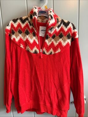 Oversized aerie Women’s Red Sherpa Zip-Up Pullover with Patterned Yoke